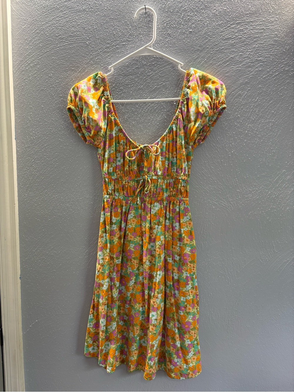 Billabong Yellow Floral Tie-Front Puff Sleeve Dress
